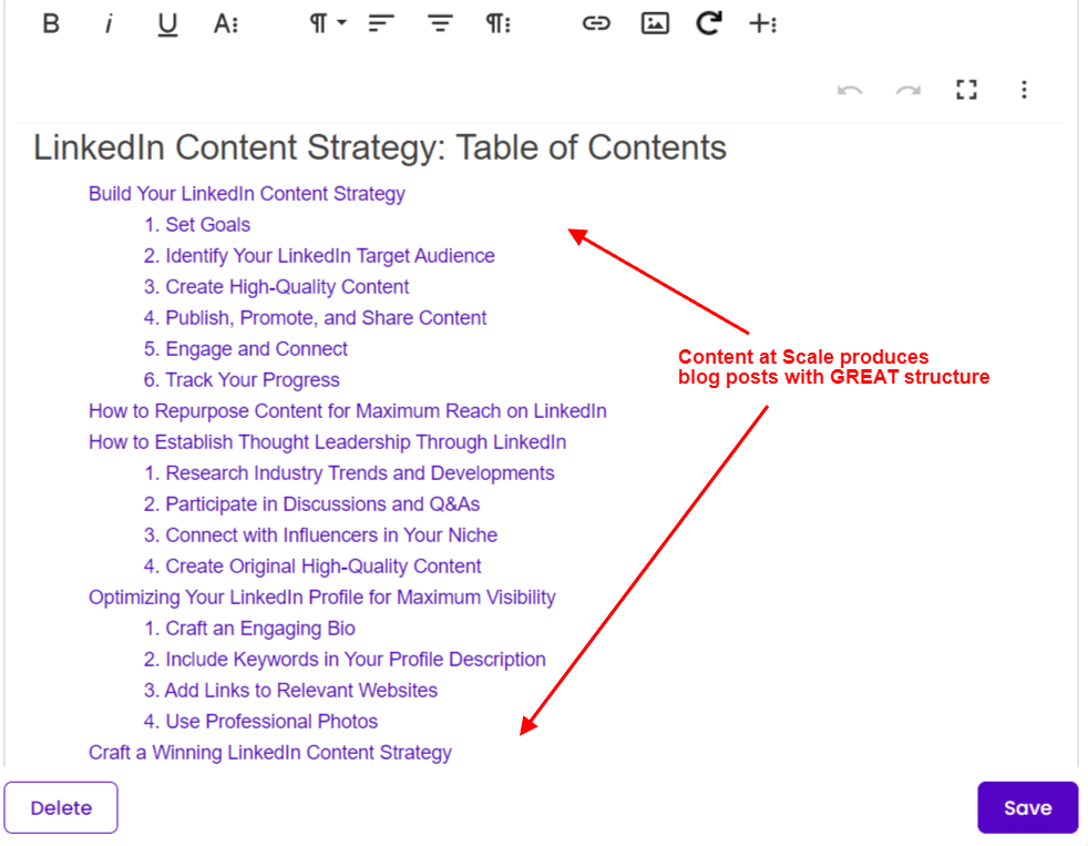 blog post structure and toc in content at scale