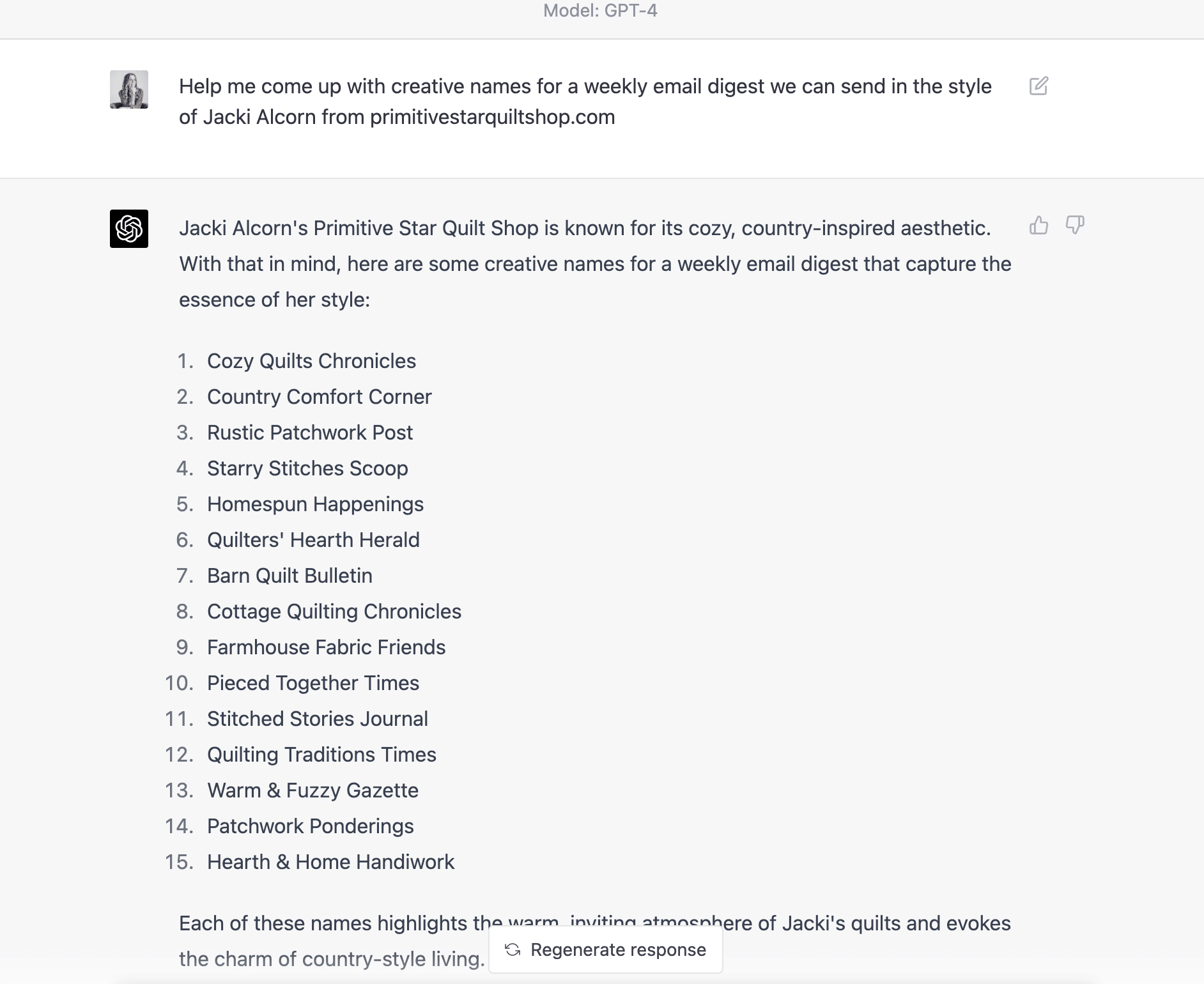 chatgpt writing names for a weekly email digest for Primitive Star Quilt Shop