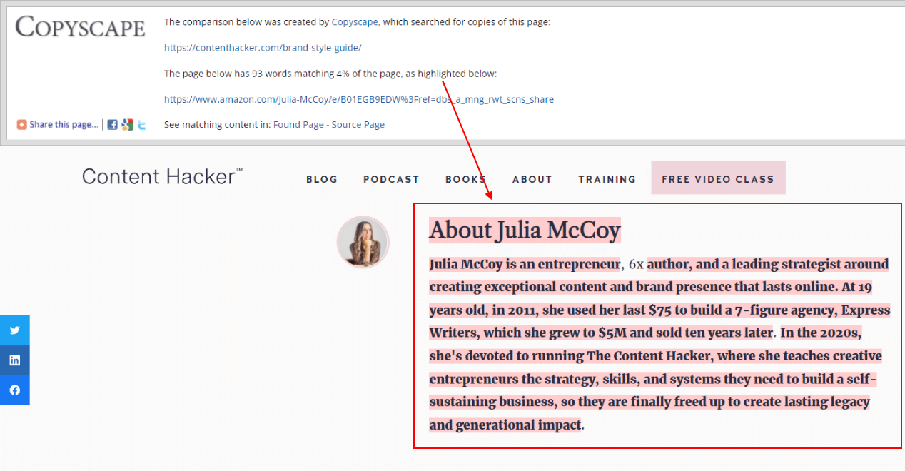 copyscape free tool - matching content on source page