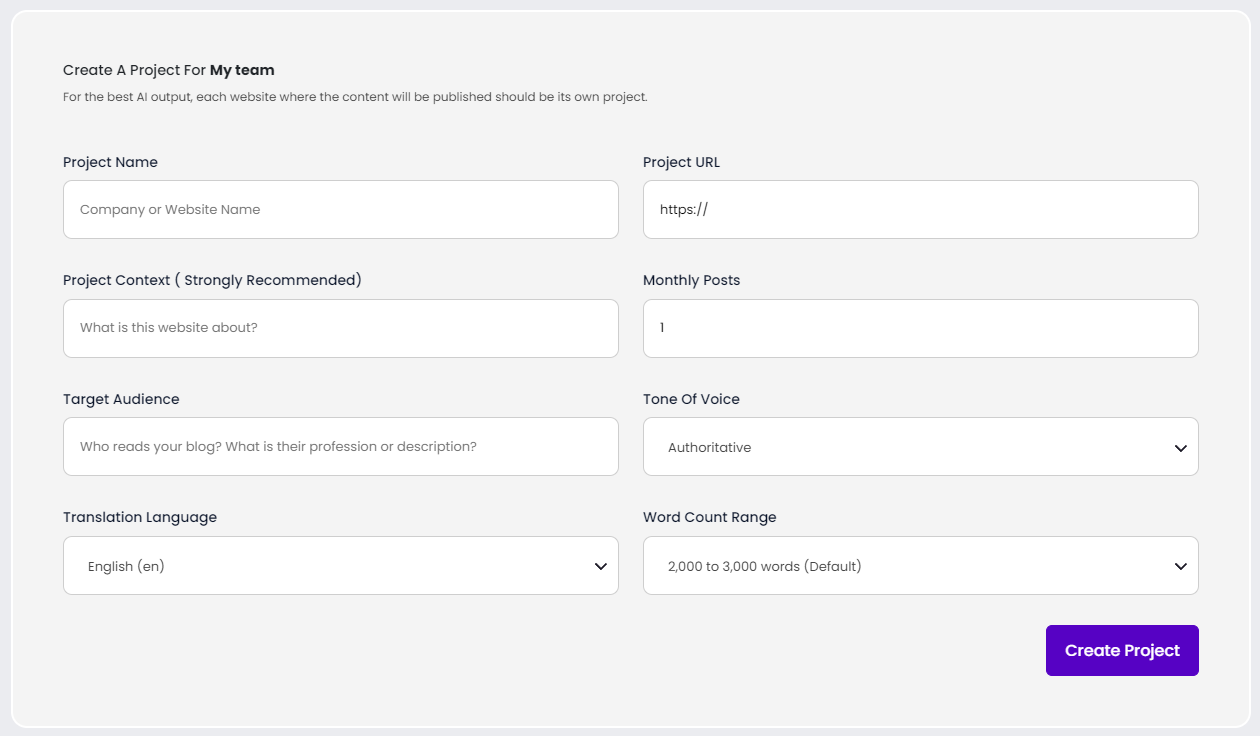 create a project screen in content at scale