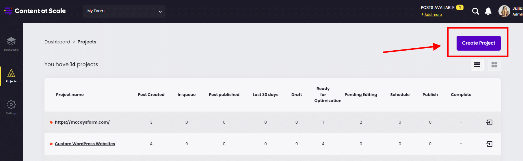 create project in content at scale