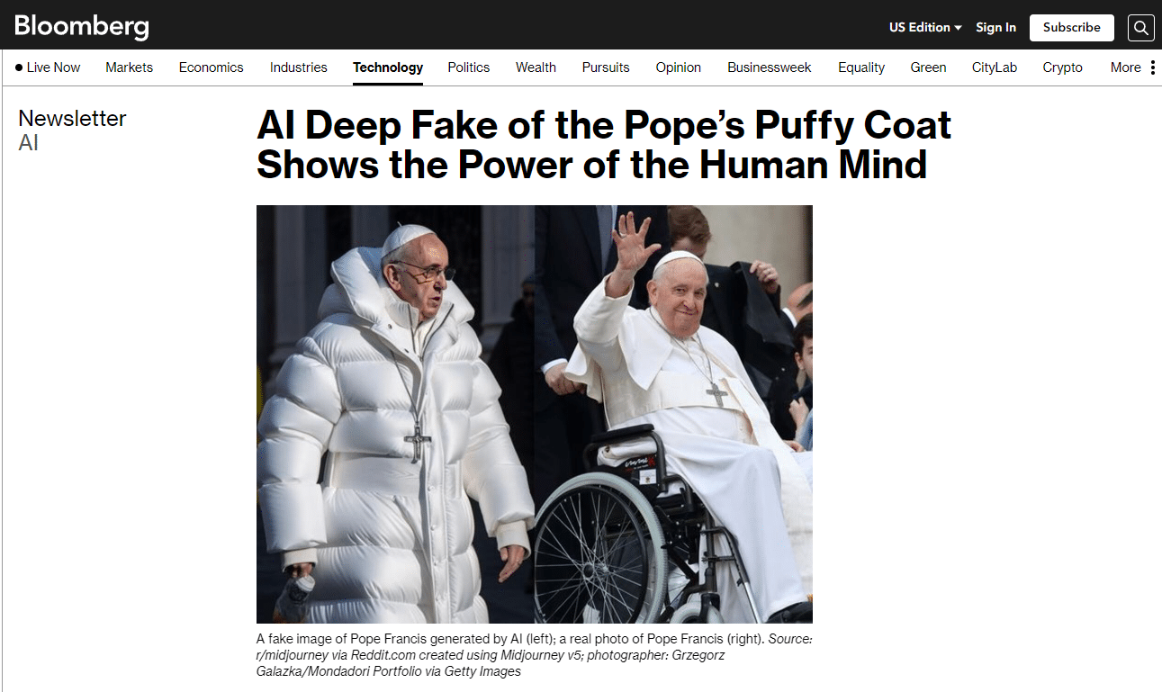 deepfake of the pope - bloomberg