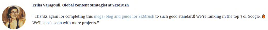 Testimonial from SEMrush's Erika Varagouli