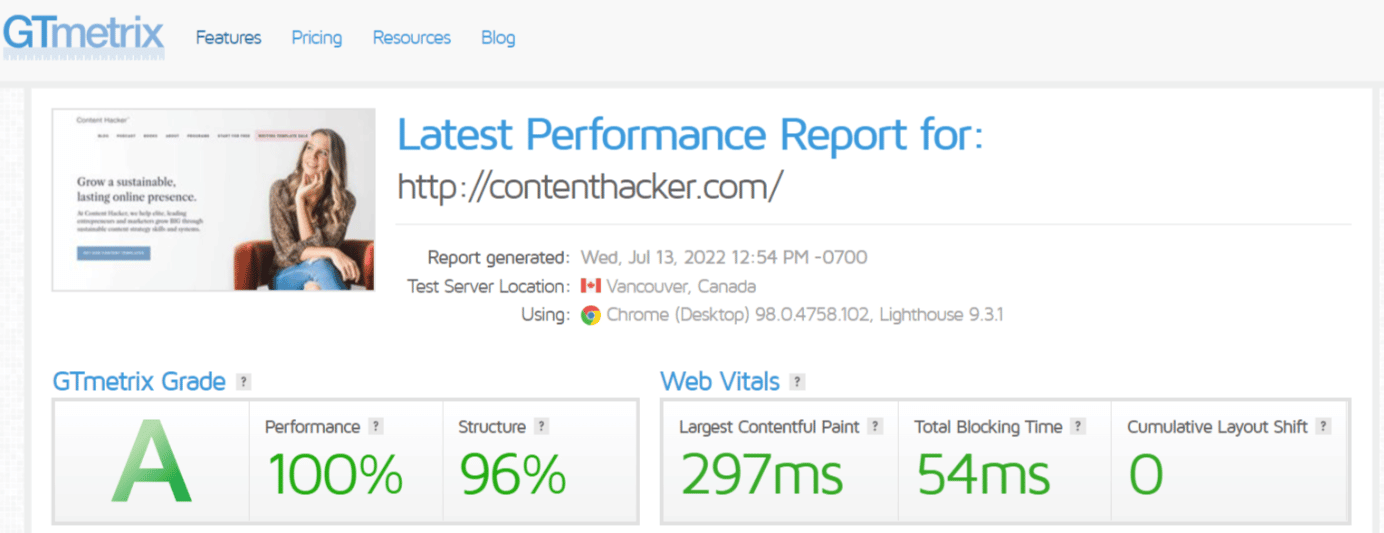 gtmetrics site speed and performance report