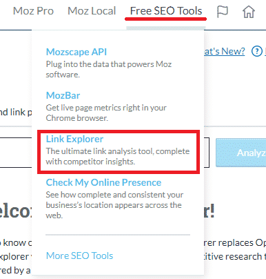 Moz free SEO tools - Link Explorer