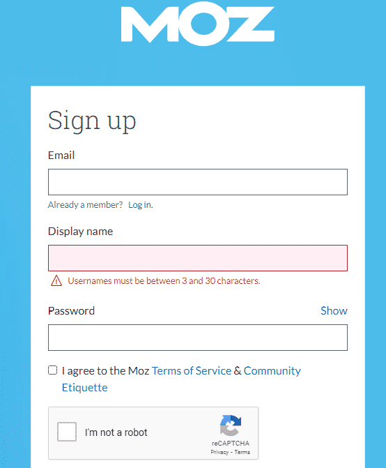 Moz sign up