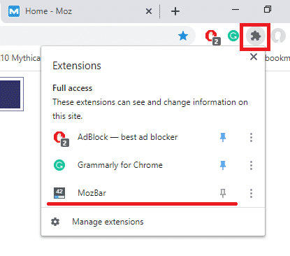 MozBar chrome extension install