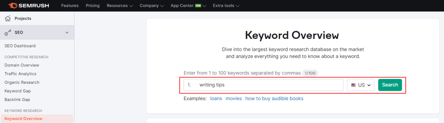 researching keyword on semrush