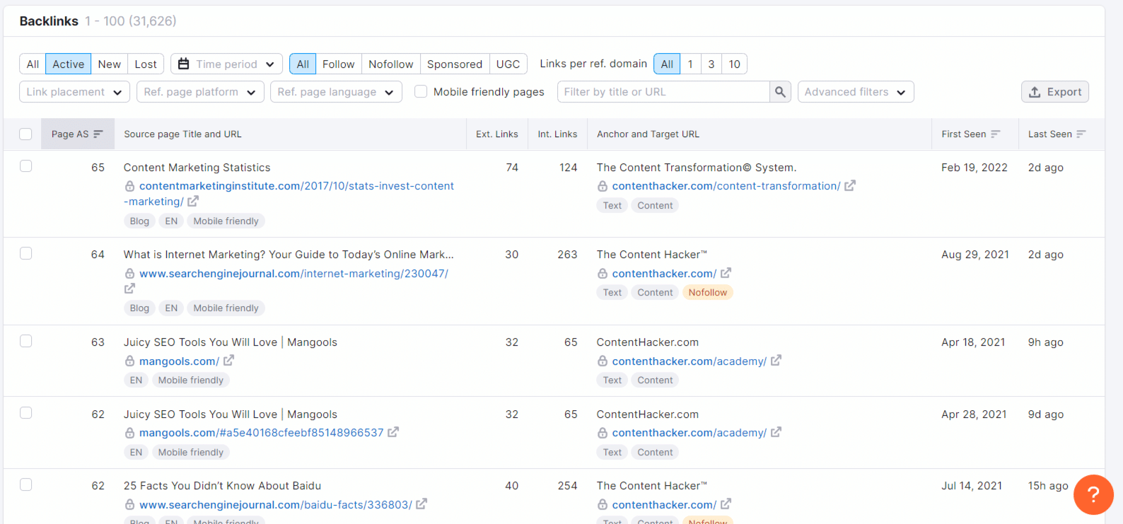 semrush backlinks list