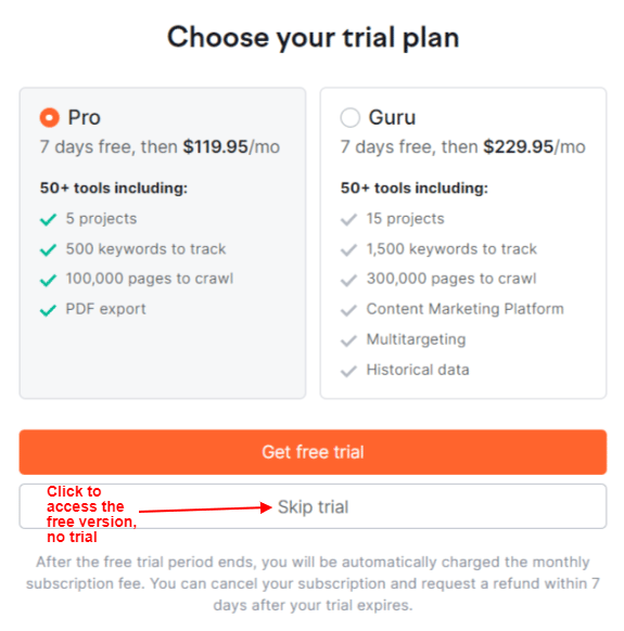 semrush free trial sign-up