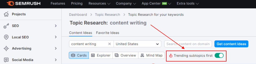 semrush topic research - trending subtopics first