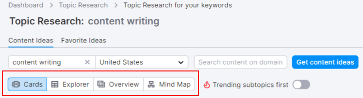 semrush topic research - viewing options for results