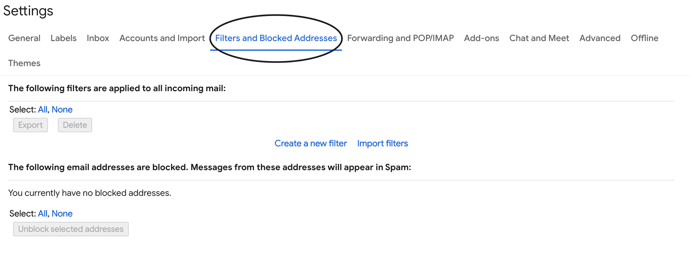 gmail filters and blocked addresses