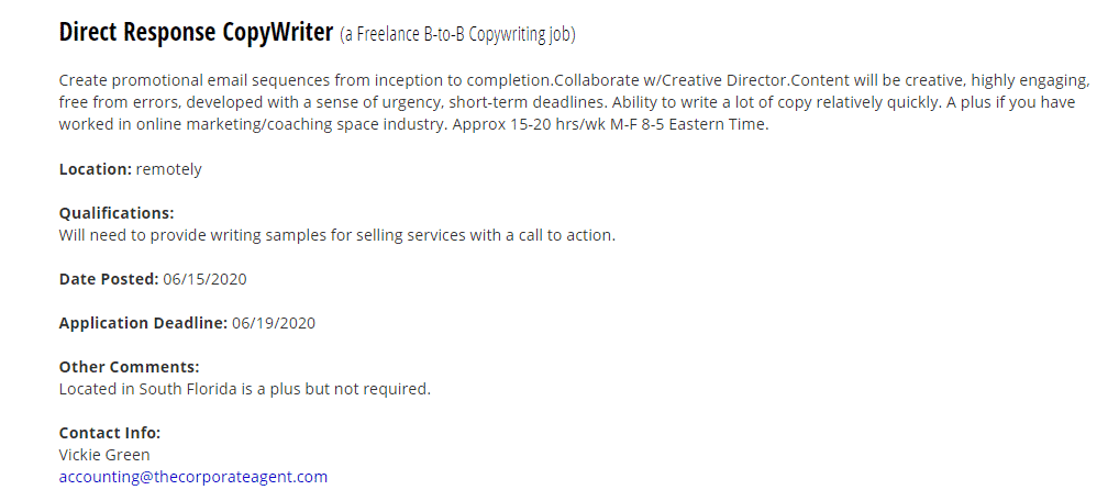 job ad for direct response copywriter